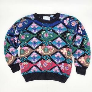 Vintage Northern Isles Hand Knit Floral Argyle Sweater Long Sleeve Multicolor S